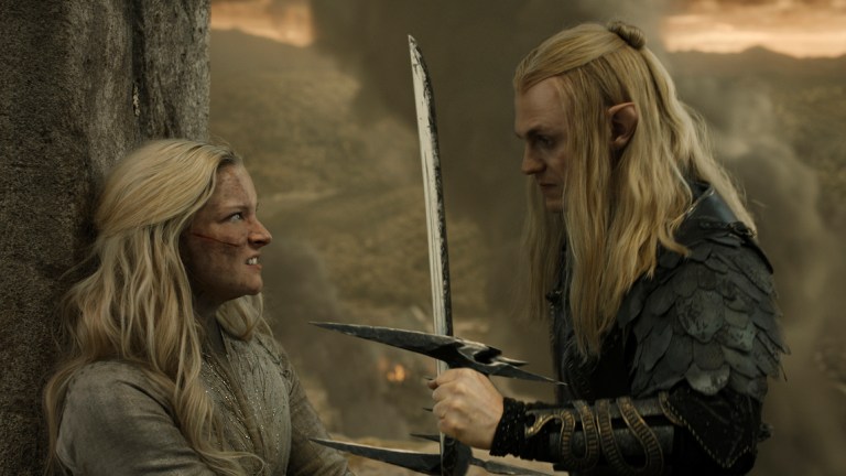 Morfydd Clark as Galadriel; Charlie Vickers as Sauron in The Rings of Power